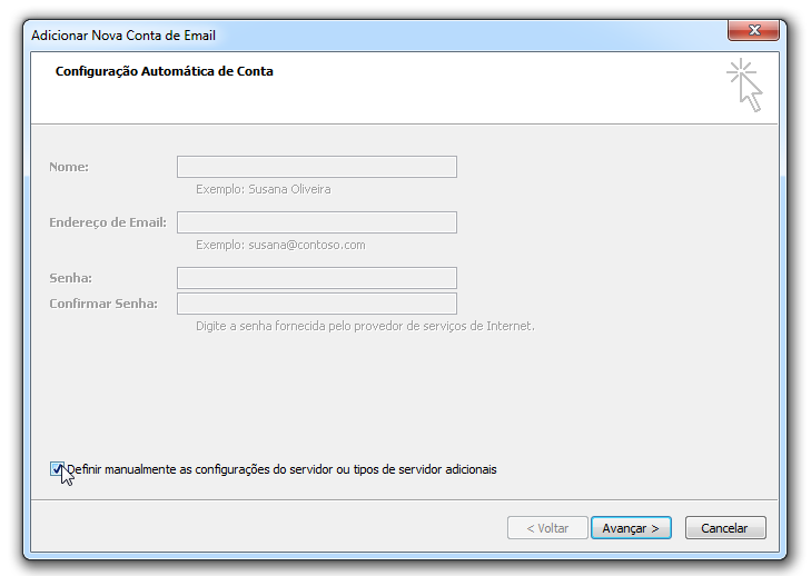 Para adicionar uma conta de email no Outlook - contas de email - definir manualmente