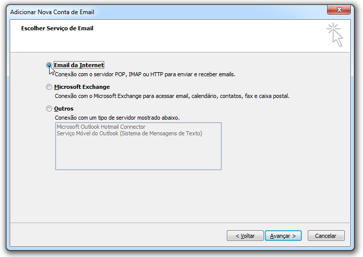 Para adicionar uma conta de email no Outlook - serviço de email