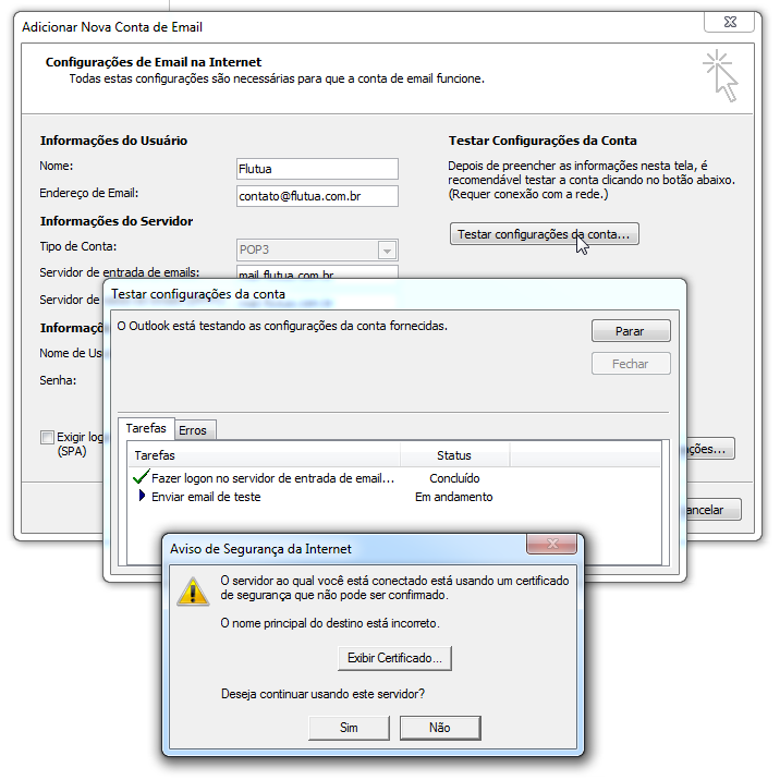 Para adicionar uma conta de email no Outlook - testar configurações