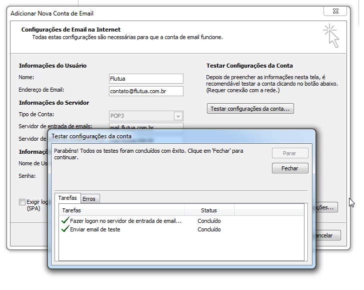 Para adicionar uma conta de email no Outlook - teste confirmado